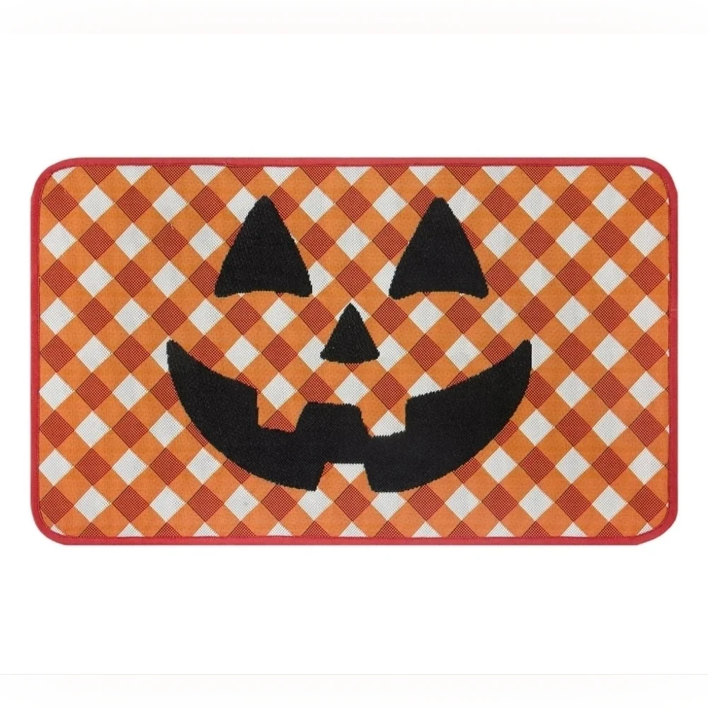 Halloween NWT Orange Plaid Jack-o'-Lantern Washable Kitchen Rug, 18X30